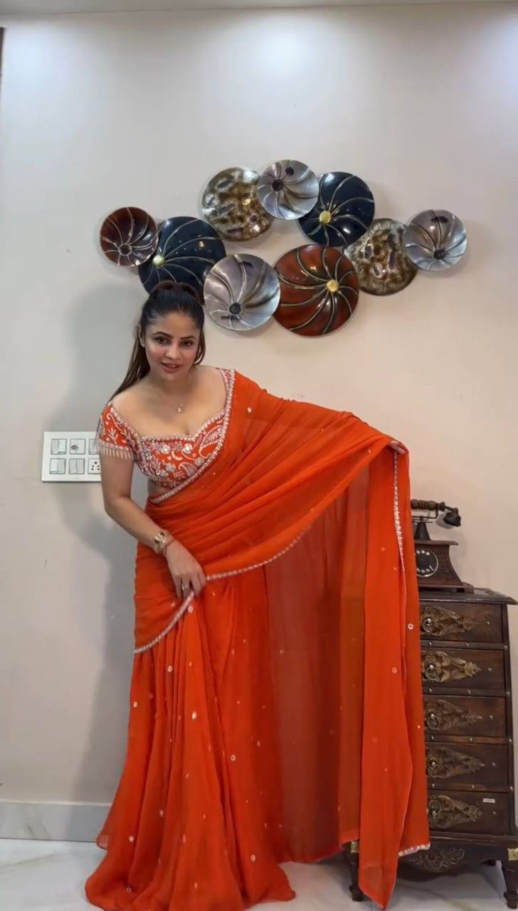 Ruffle Style Orange Lehenga Saree in Faux Georgette with Sequins & Thread Work – Ready to Wear Ethnic Outfit