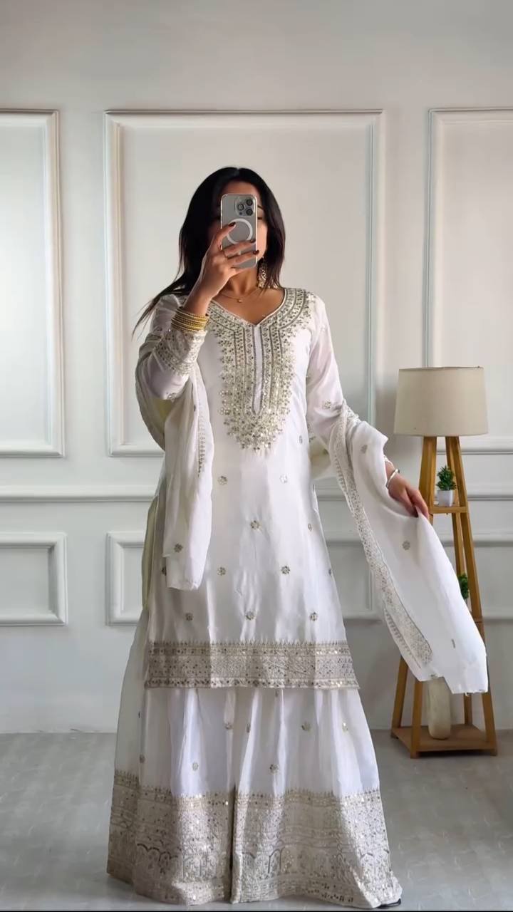 White Chinnon Silk With Heavy Embroidery Sequence Work Top-Plazo And Dupatta Set