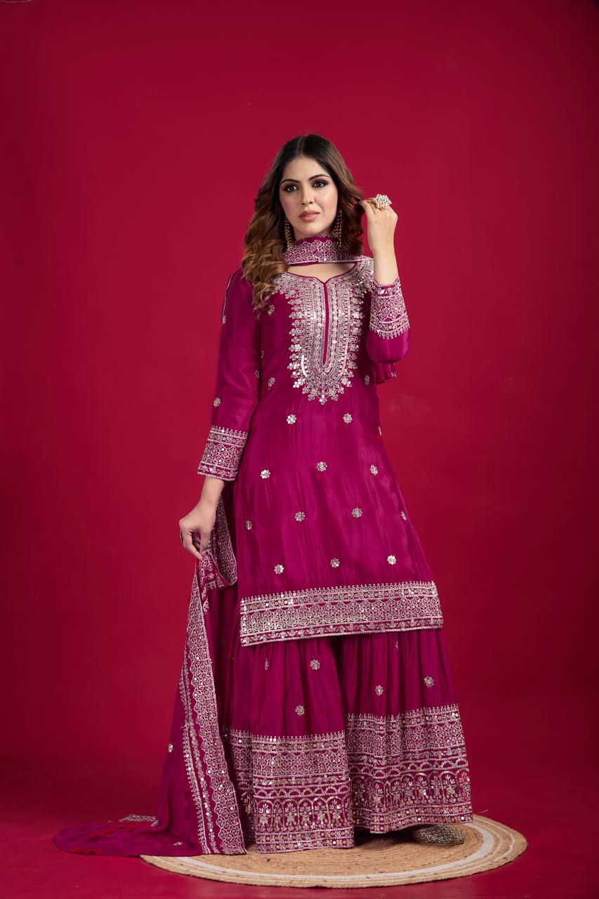 Pink Chinnon Silk With Heavy Embroidery Sequence Work Top-Plazo And Dupatta Set