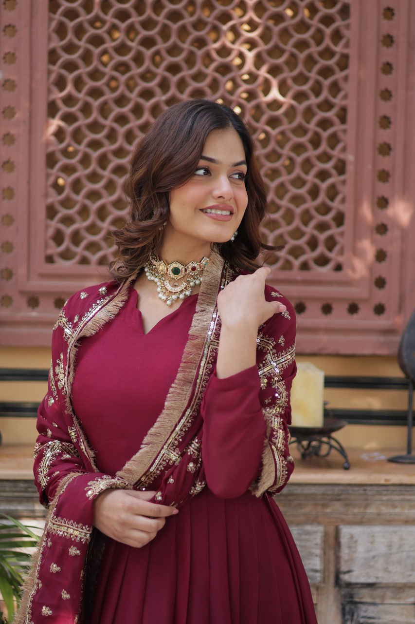Faux Georgette Embroidered Maroon Anarkali Gown For Women