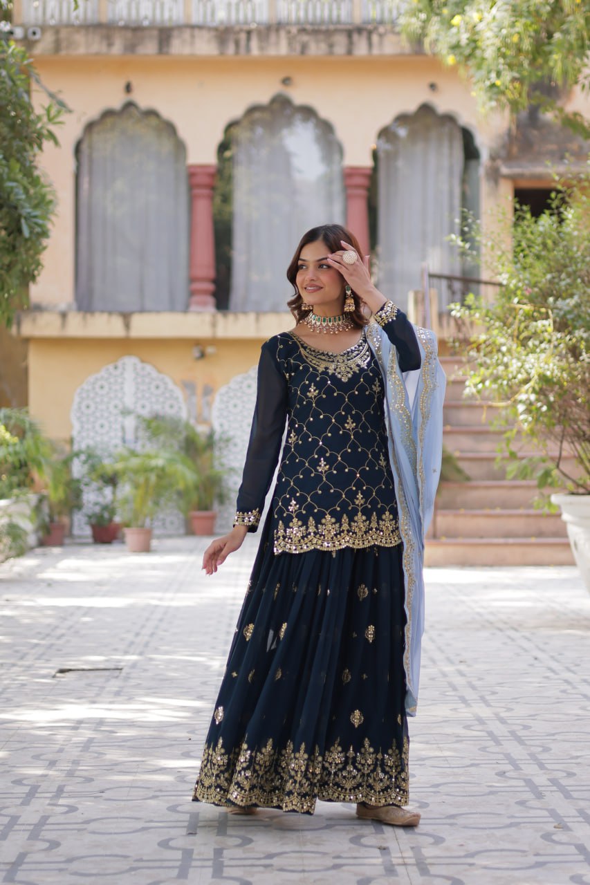 Faux Blooming Embroidered Work Firozi Blue Kurti And Plazzo Suit