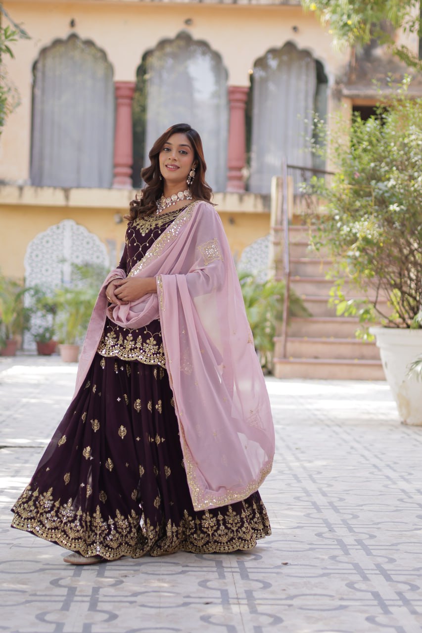 Faux Blooming Embroidered Work Wine Colour Kurti And Plazzo Suit