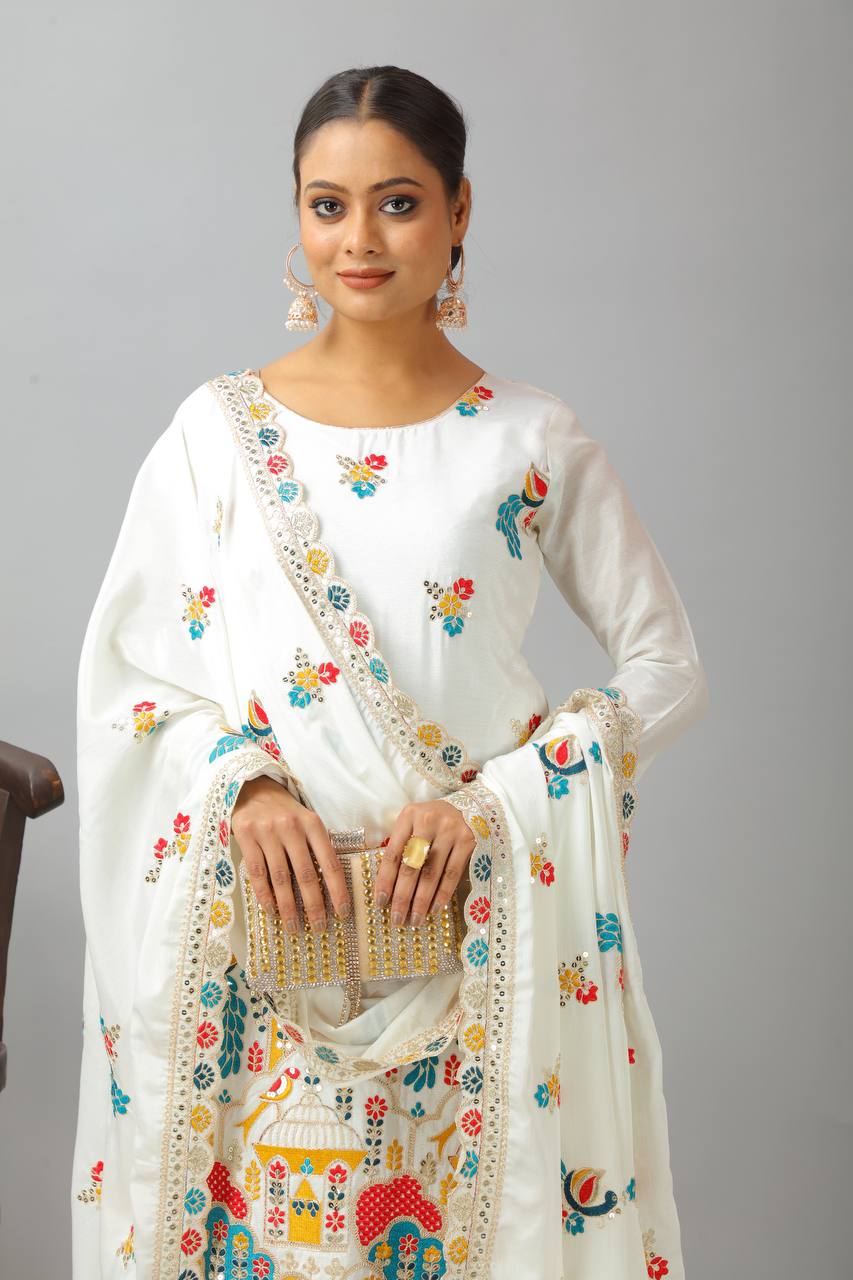 White Premium Designer Peacock Designer Kurta Set With Dupatta