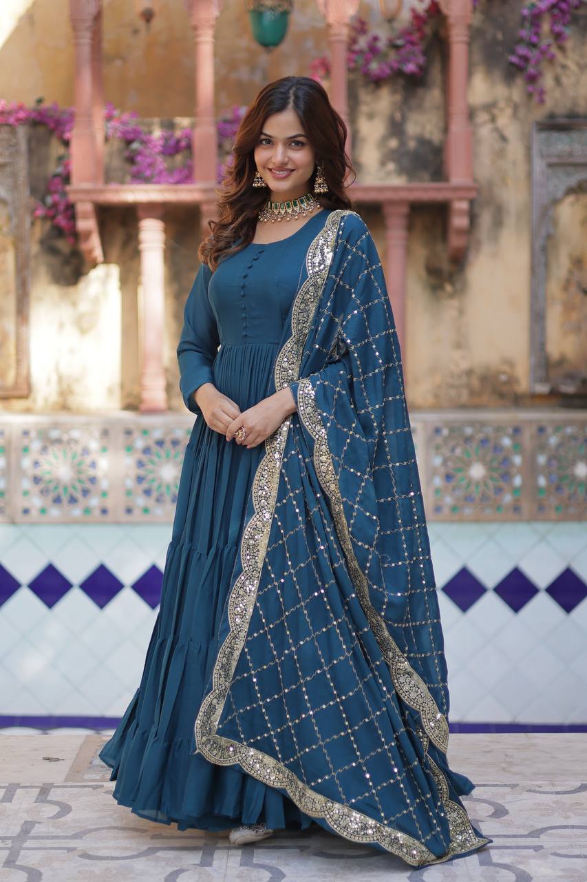 Rama Georgette Embroidered Flared Anarkali Gown Set