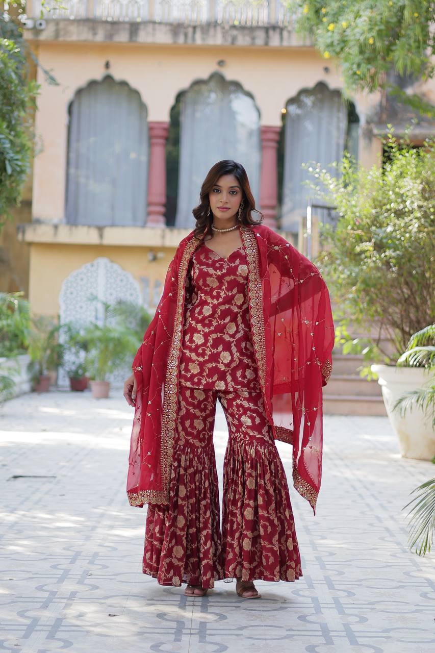 Premium Maroon Jacquard Silk Sharara-Gharara Suit