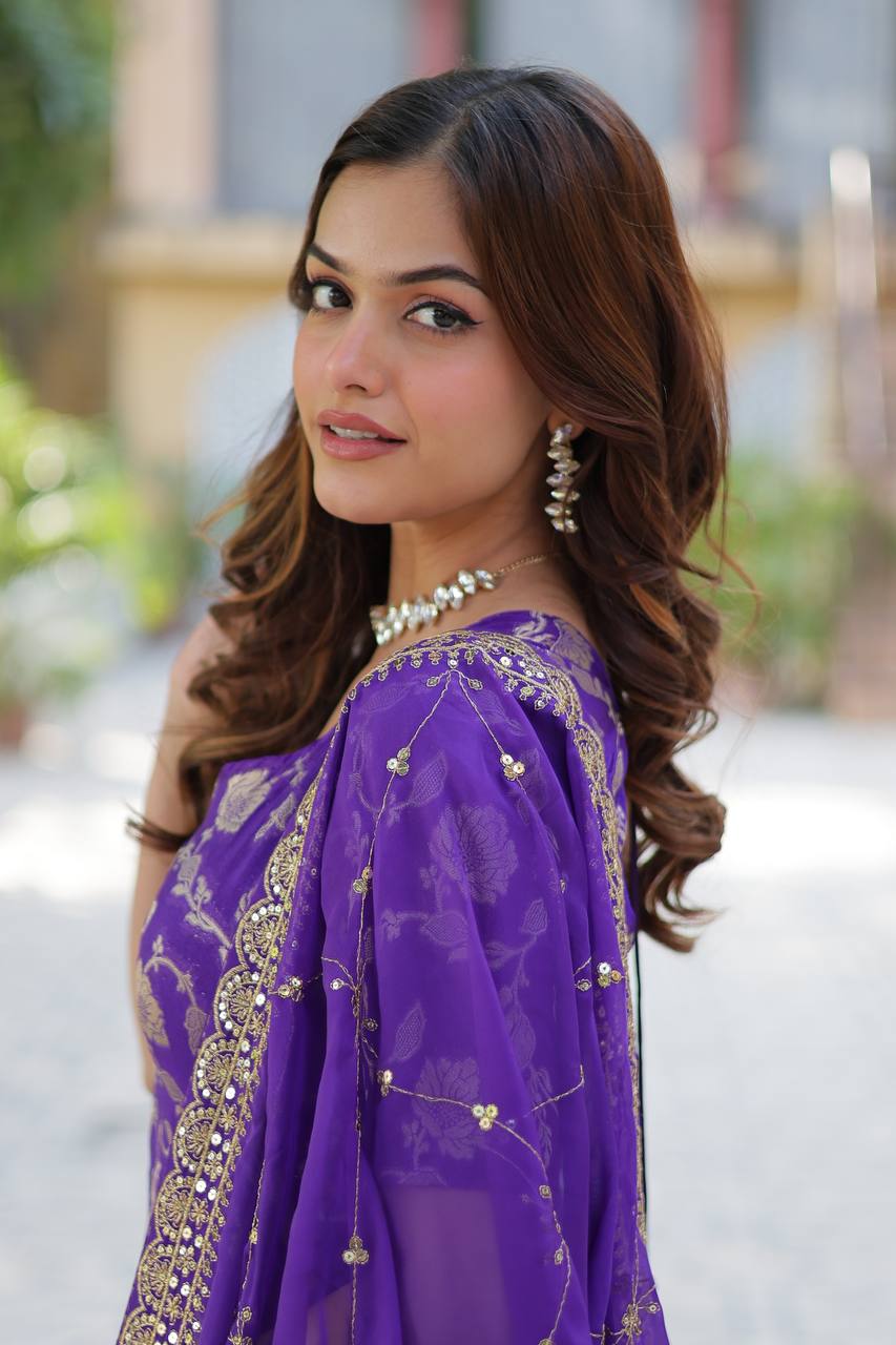Premium Purple Jacquard Silk Sharara-Gharara Suit