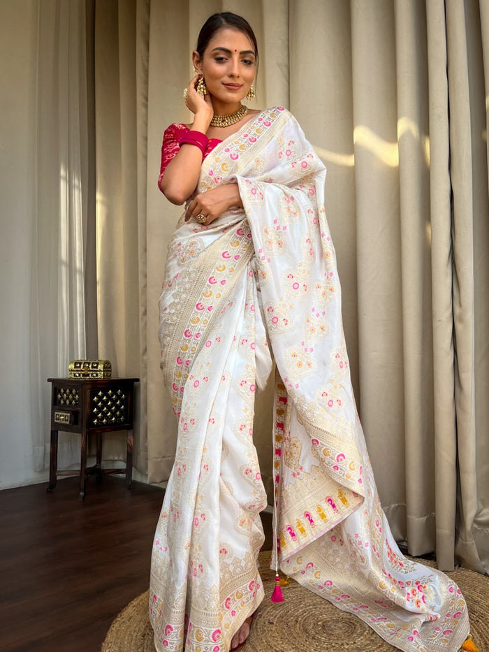 White Floral Woven Banarasi Saree with Contrast Border