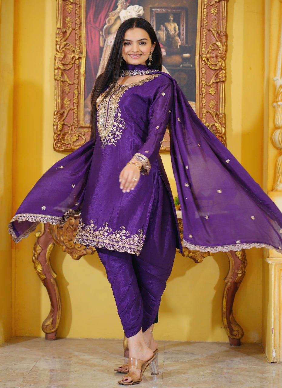 Violet Purple Organza Satin Embroidered Dhoti Suit