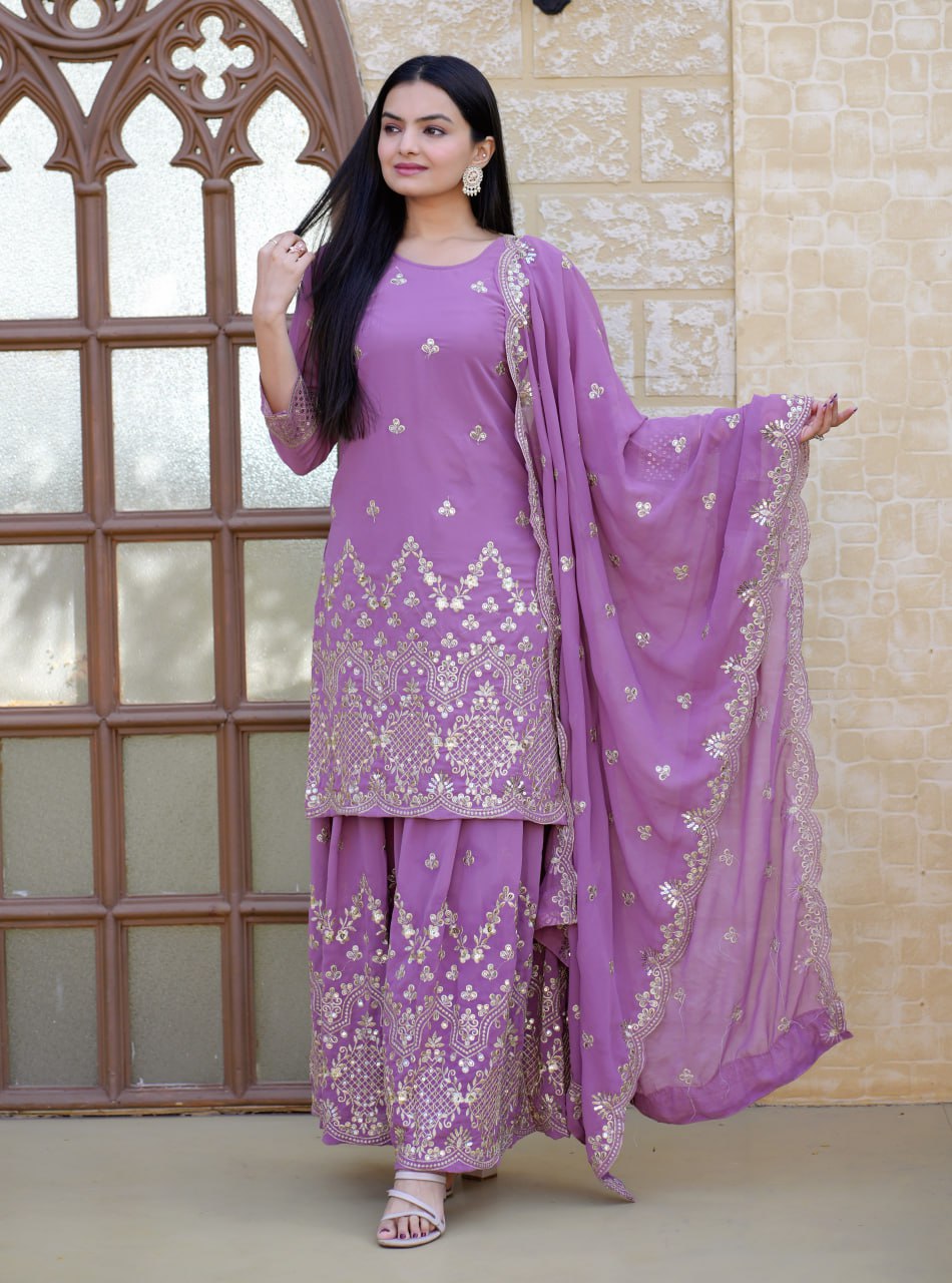 Lavender Sequence Embroidery Work Designer Sharara Suit
