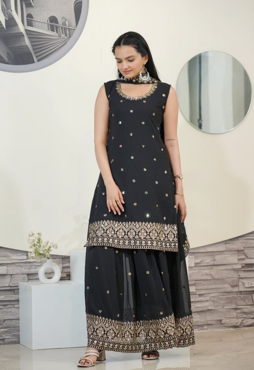 Geet Black Embroidered Square Cut Garara Suit