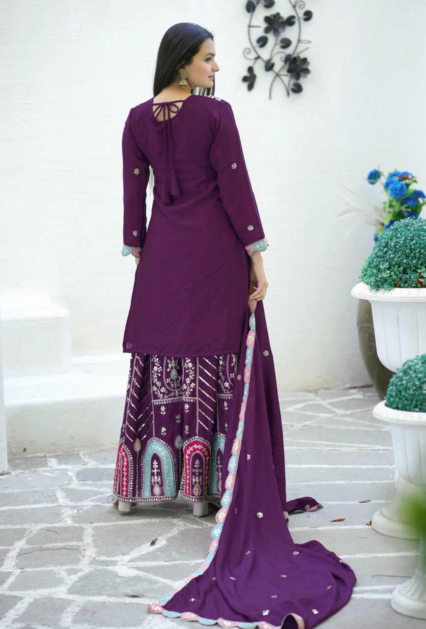 Wine Designer Embroidered Chinon Suit With Sequence Work