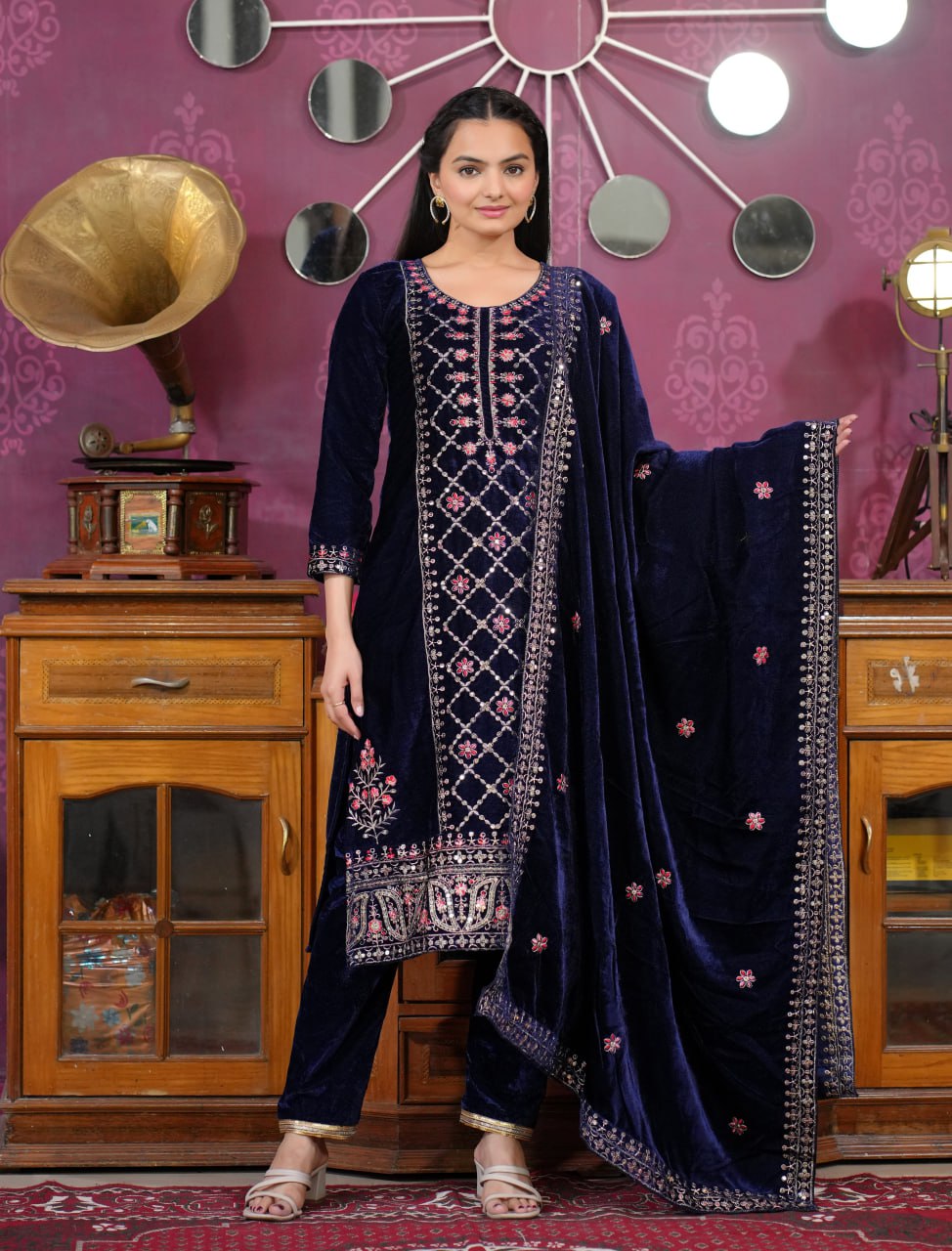Navy Blue Velvet Readymade Pant Style Suit