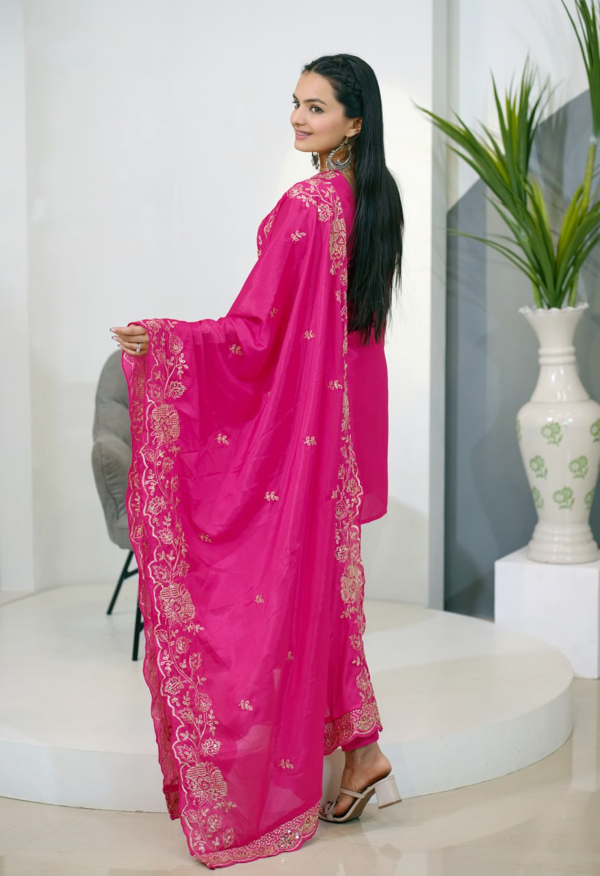 Pink Embroidered Straight Kurta Set