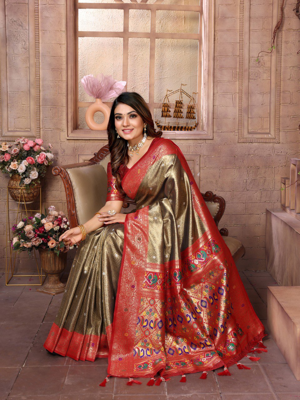 Golden Woven Tissue Silk Saree Set