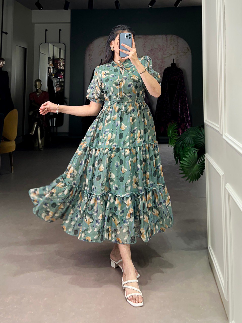 Green Floral print Chiffon Frock Collection Designed for Effortless Grace