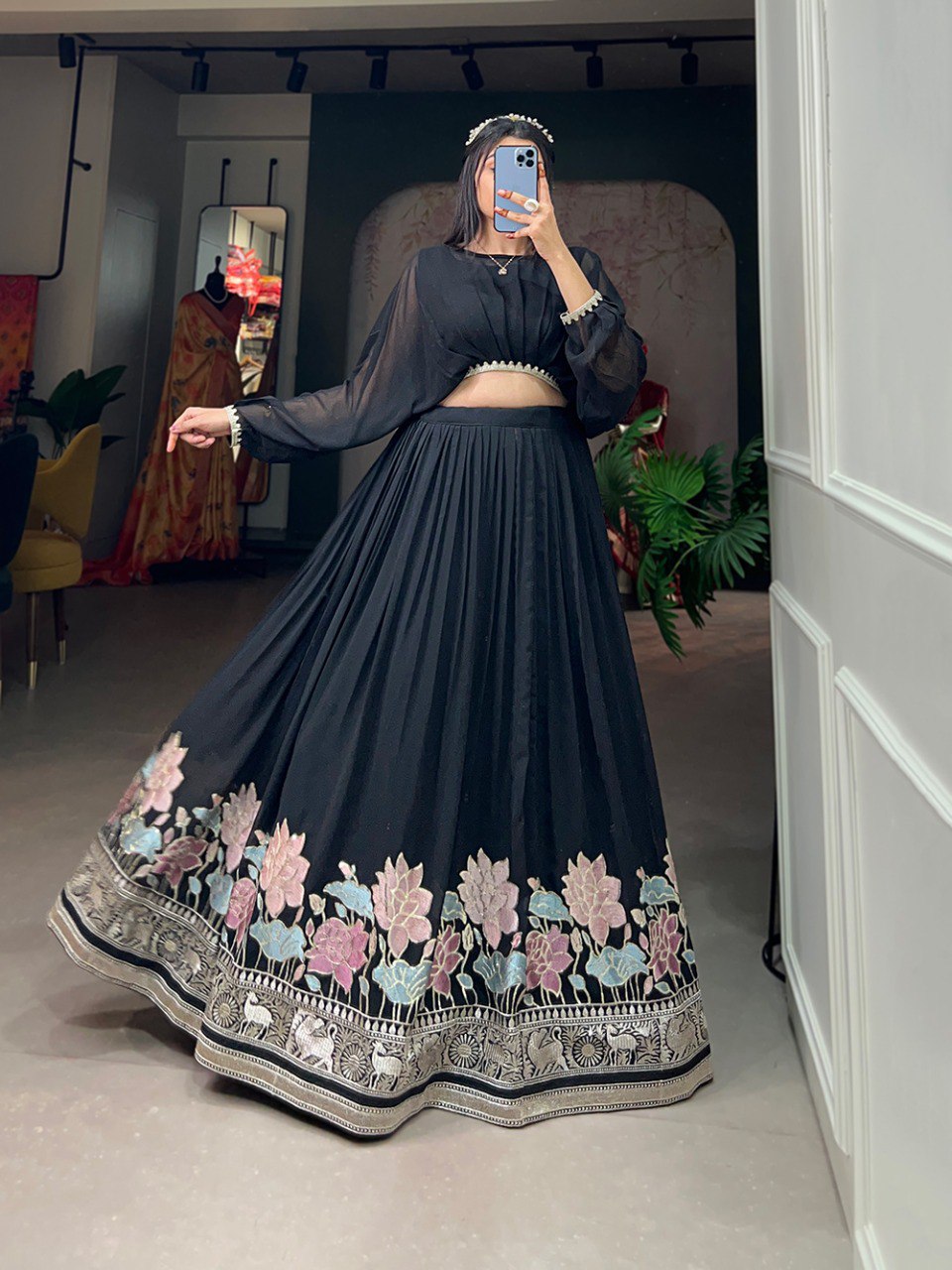 Black Georgette with sequins and thread embroidery Co-ord Set