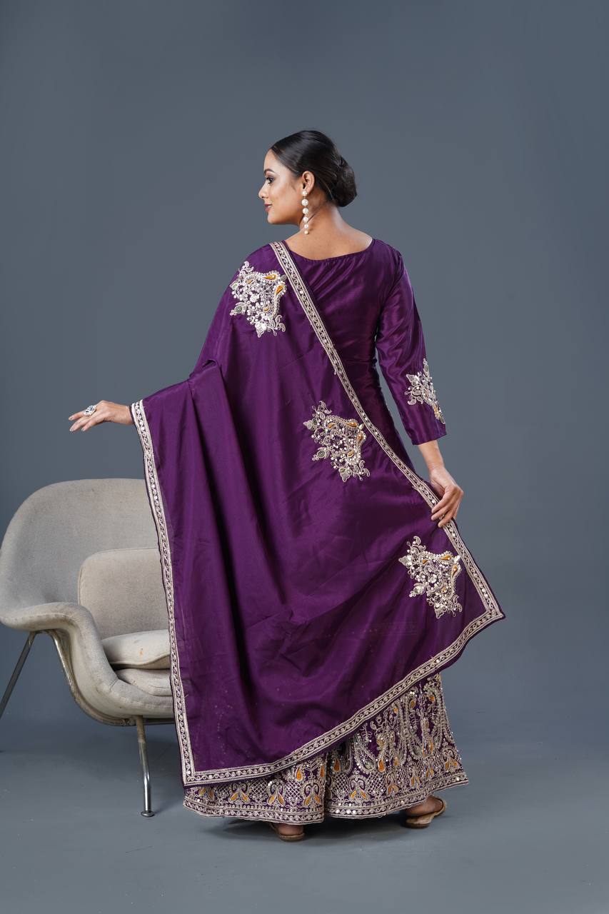 Purple Color Top Palazzo Suit With Dupatta in Chinon With Sequence Embroidery