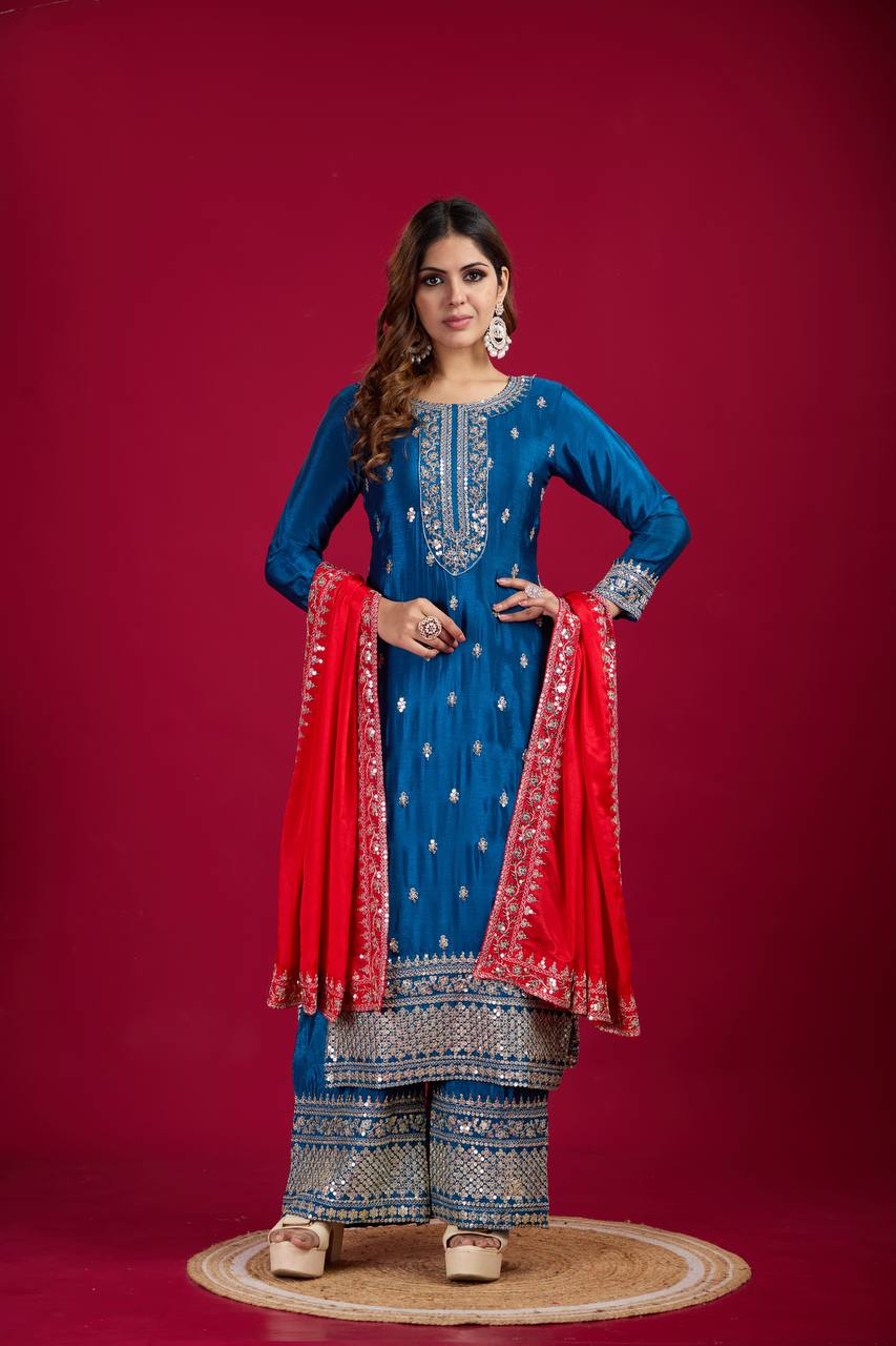 Blue-Red Chinnon Silk Embroidered Top-Bottom And Dupatta Set Fully Stitched Ready To Wear