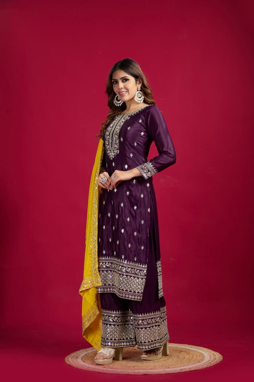 Wine-Yellow Chinnon Silk Embroidered Top-Bottom And Dupatta Set Fully Stitched Ready To Wear