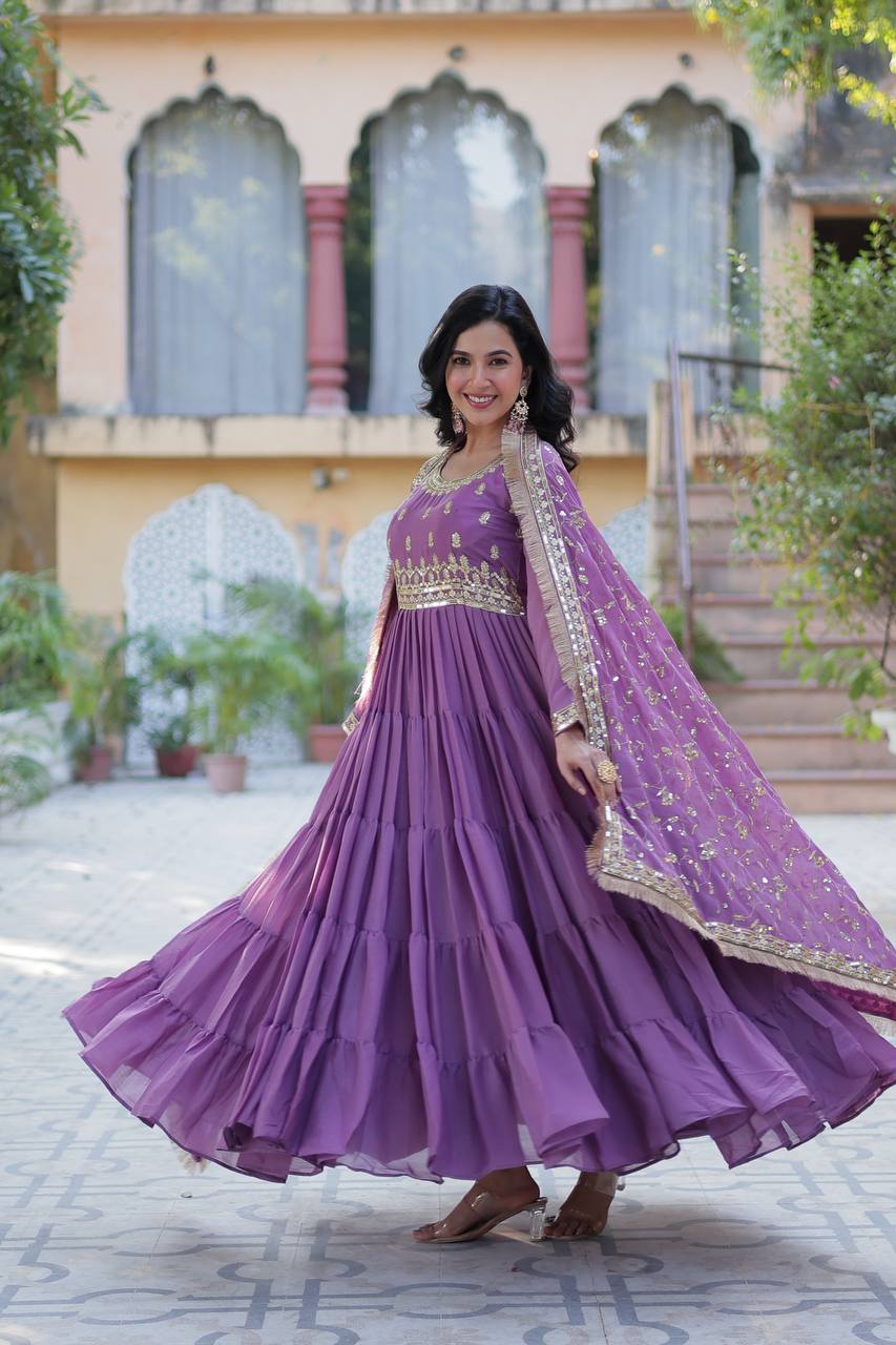 Purple Readymade Anarkali Suit In Ruffle Style