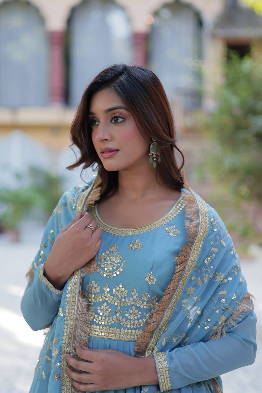 Sky Blue Georgette Readymade Suit With Dupatta