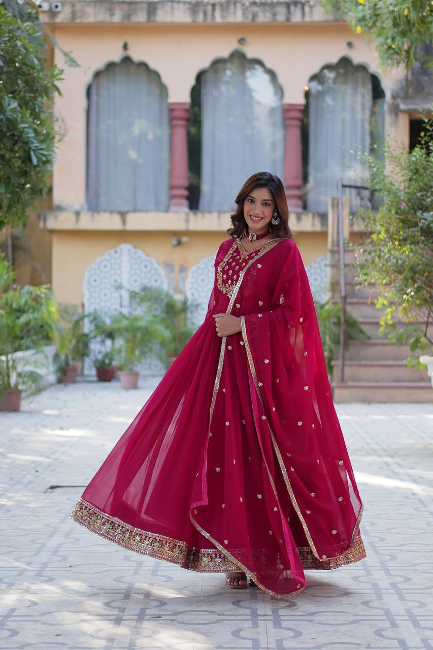 Classic Pink Georgette With Sequins Embroidered Anarkali Suit