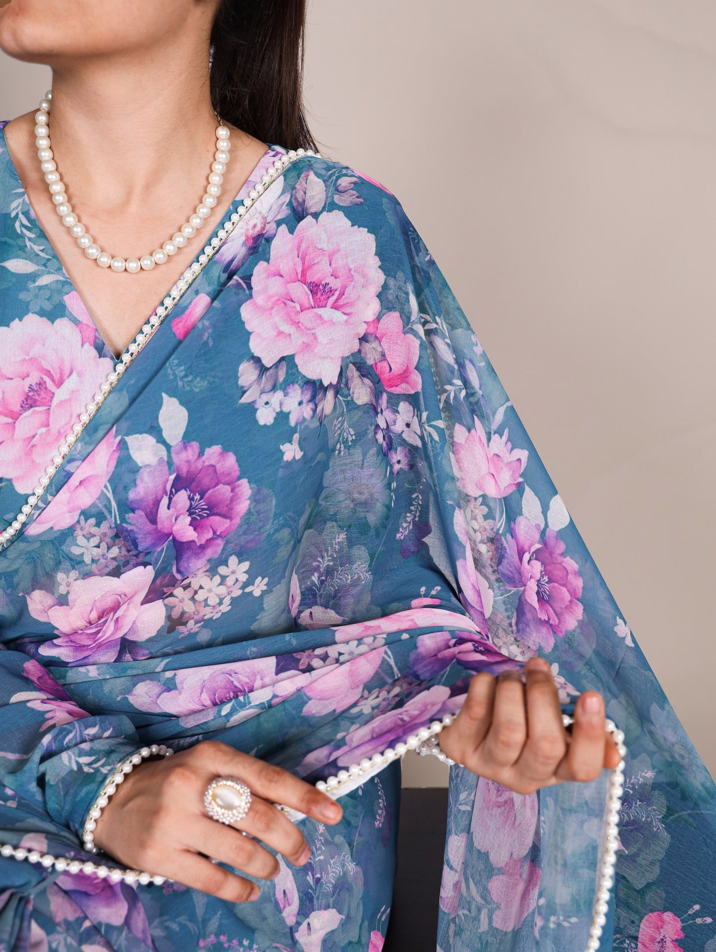 Blue Refined Beauty Weightless Marble Printed Saree with Pearl Lace Border