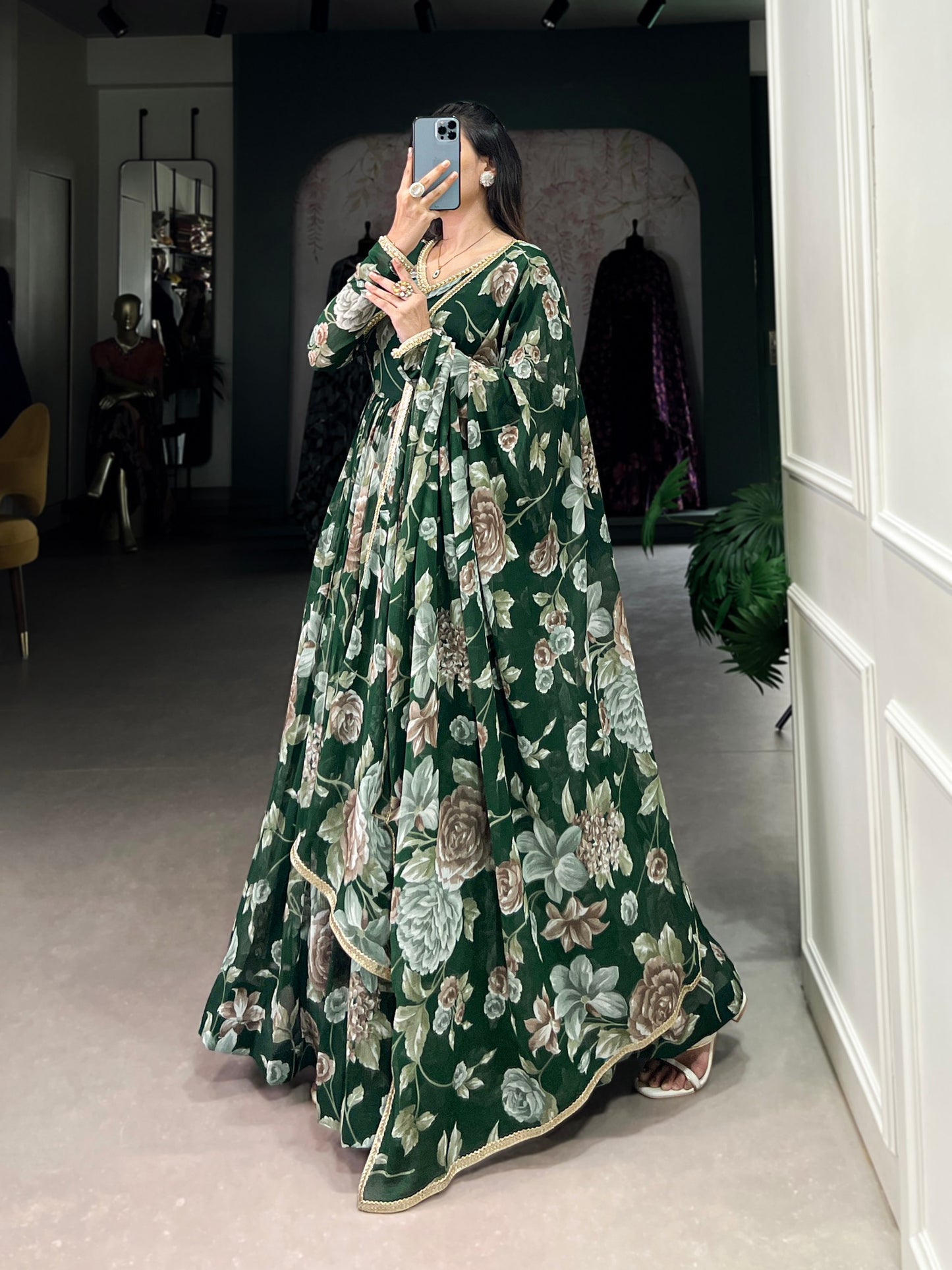 Green Sculpted Beauty Floral Print Marbel Gown with Lace Touch-Up Dupatta