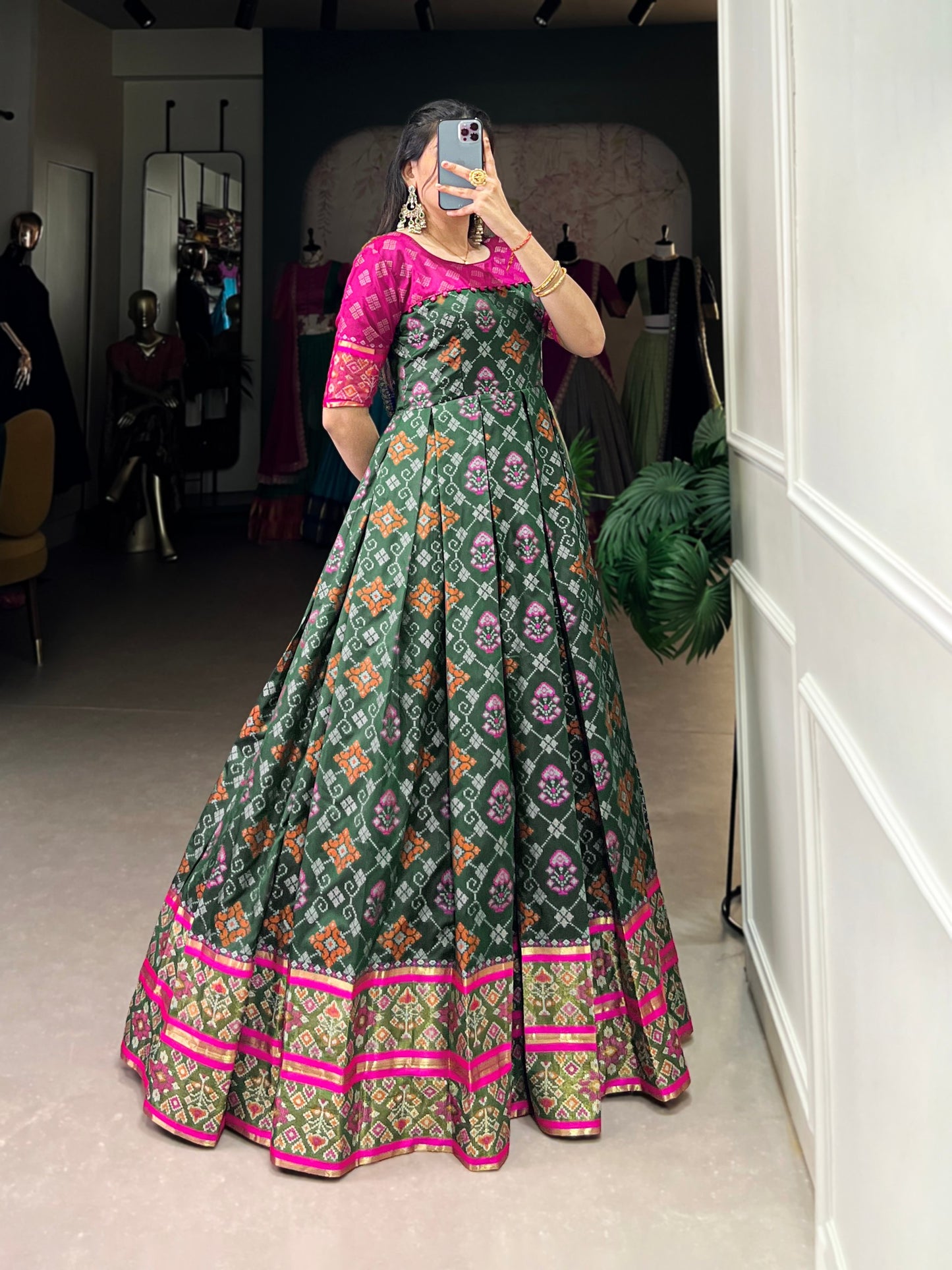 Green Patola Printed Jacquard Silk Zari Weaving Work Kanjivaram Gown