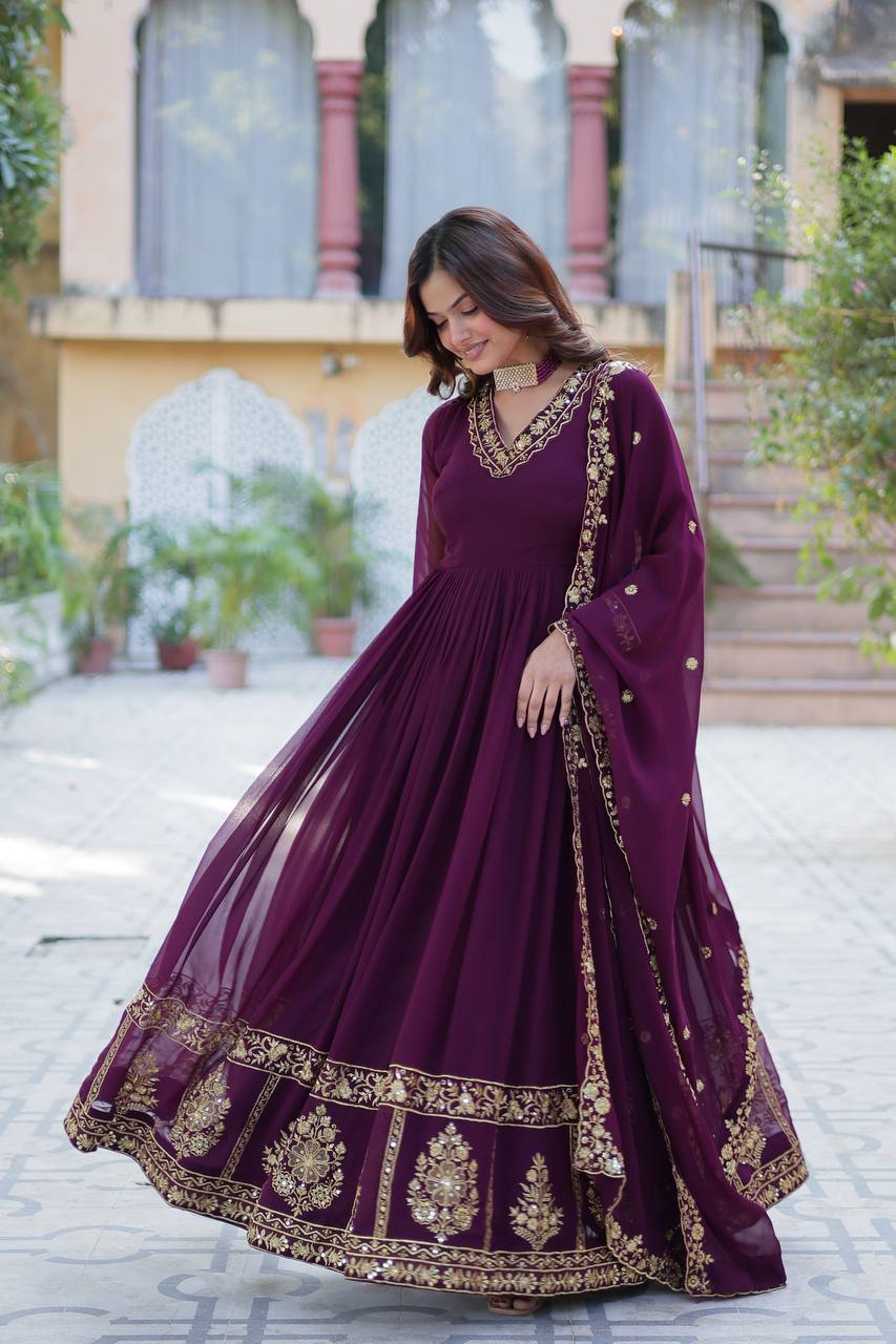 Dark Purple Elegant Faux Blooming Embroidered Gown with Dupatta