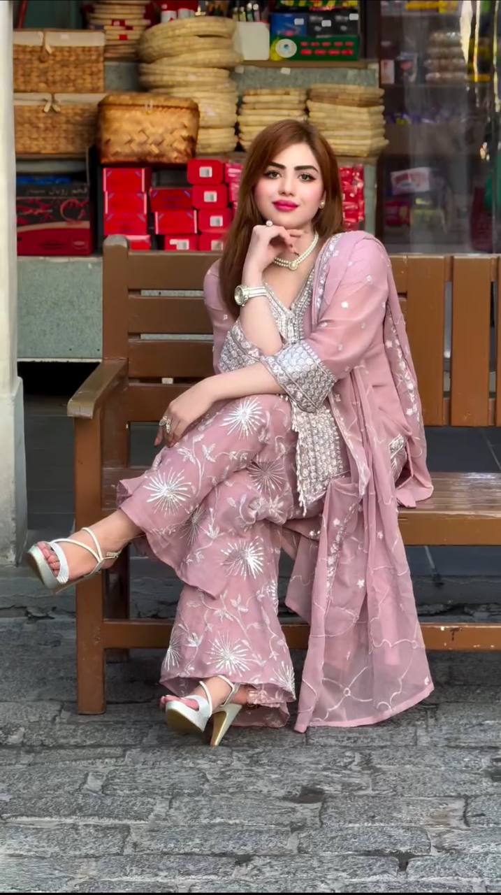 Progressive Light Pink Color Faux Georgette With Embroidery Sharara Suit