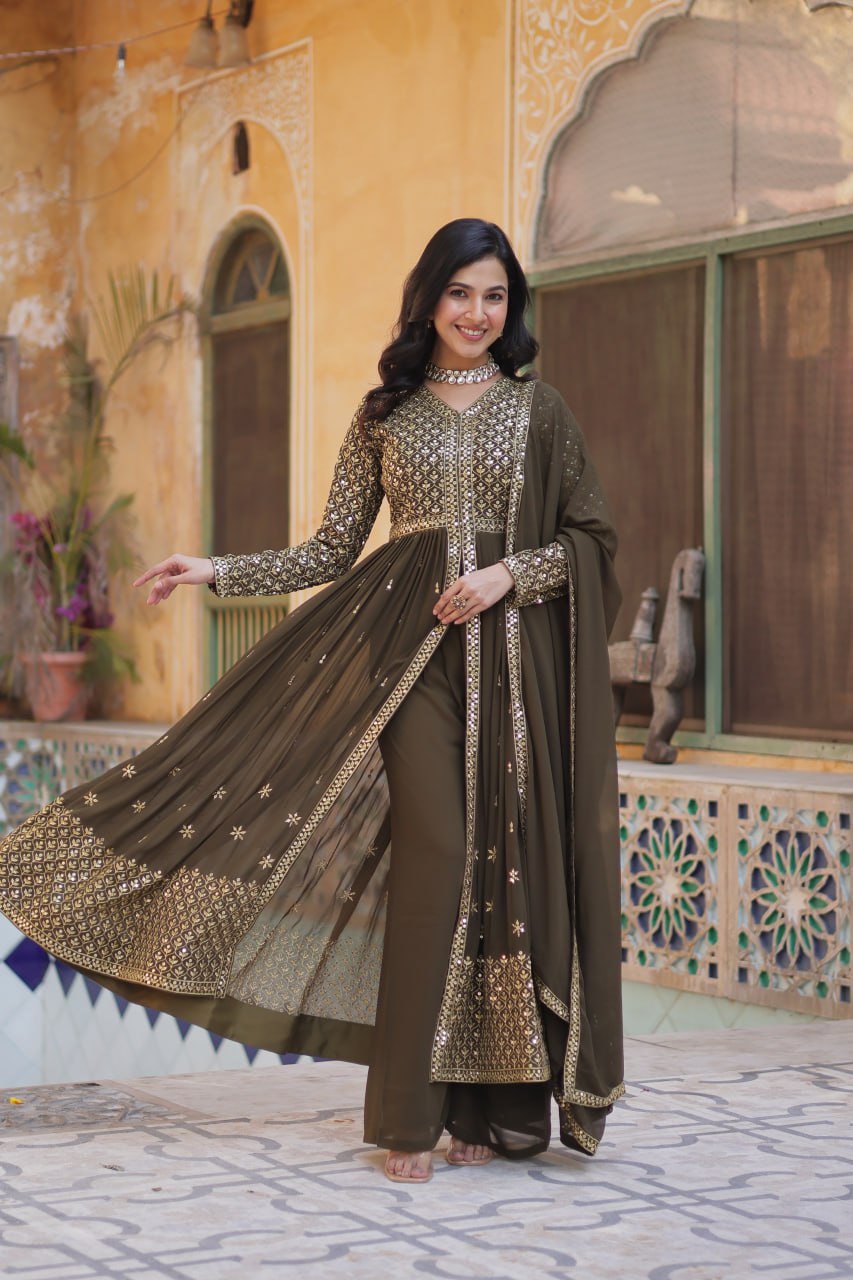 Designer Mehndi Color Three Piece Suit Set