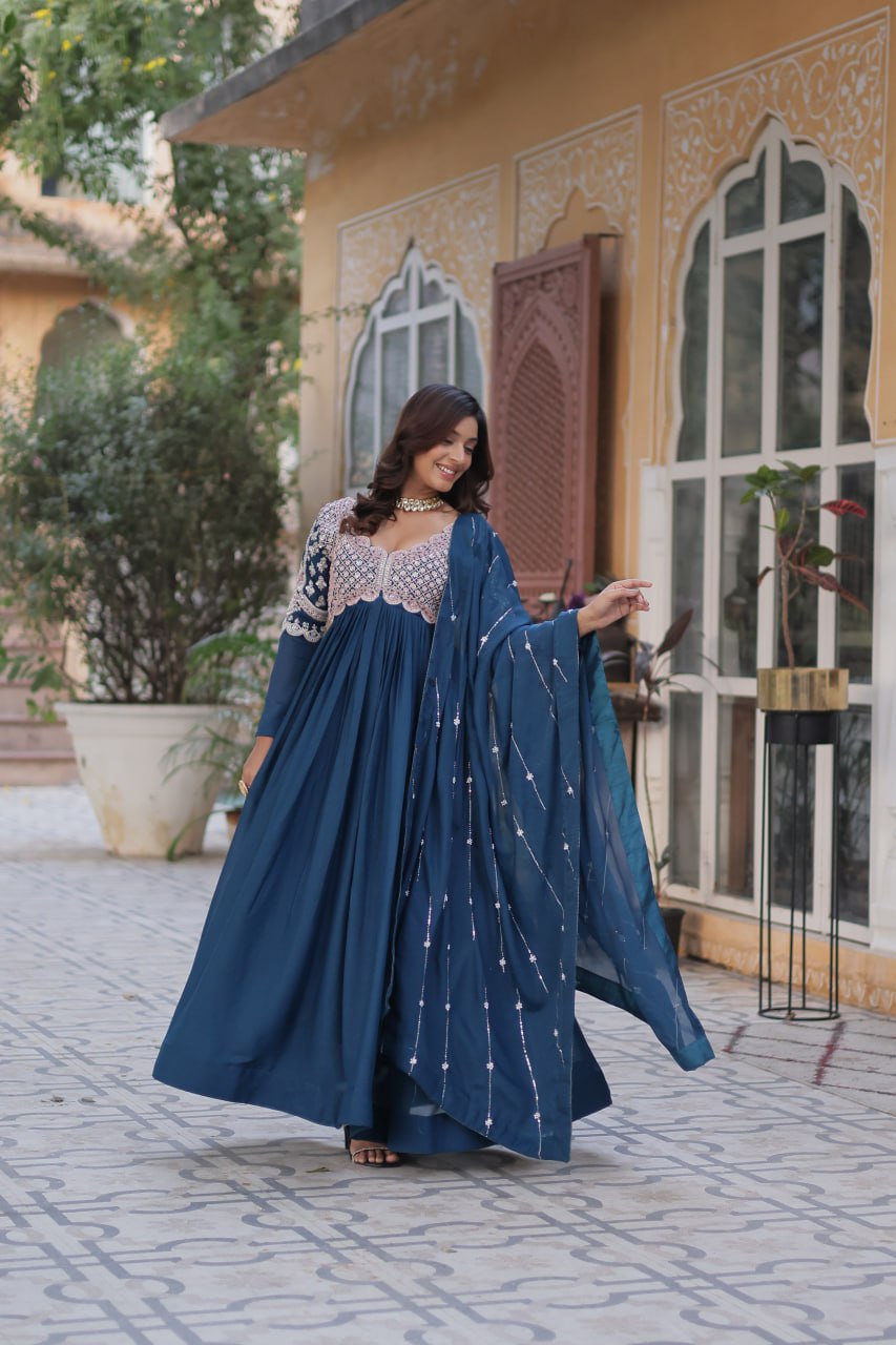 Attractive Blue Sequins Georgette Anarkali Gown With Dupatta