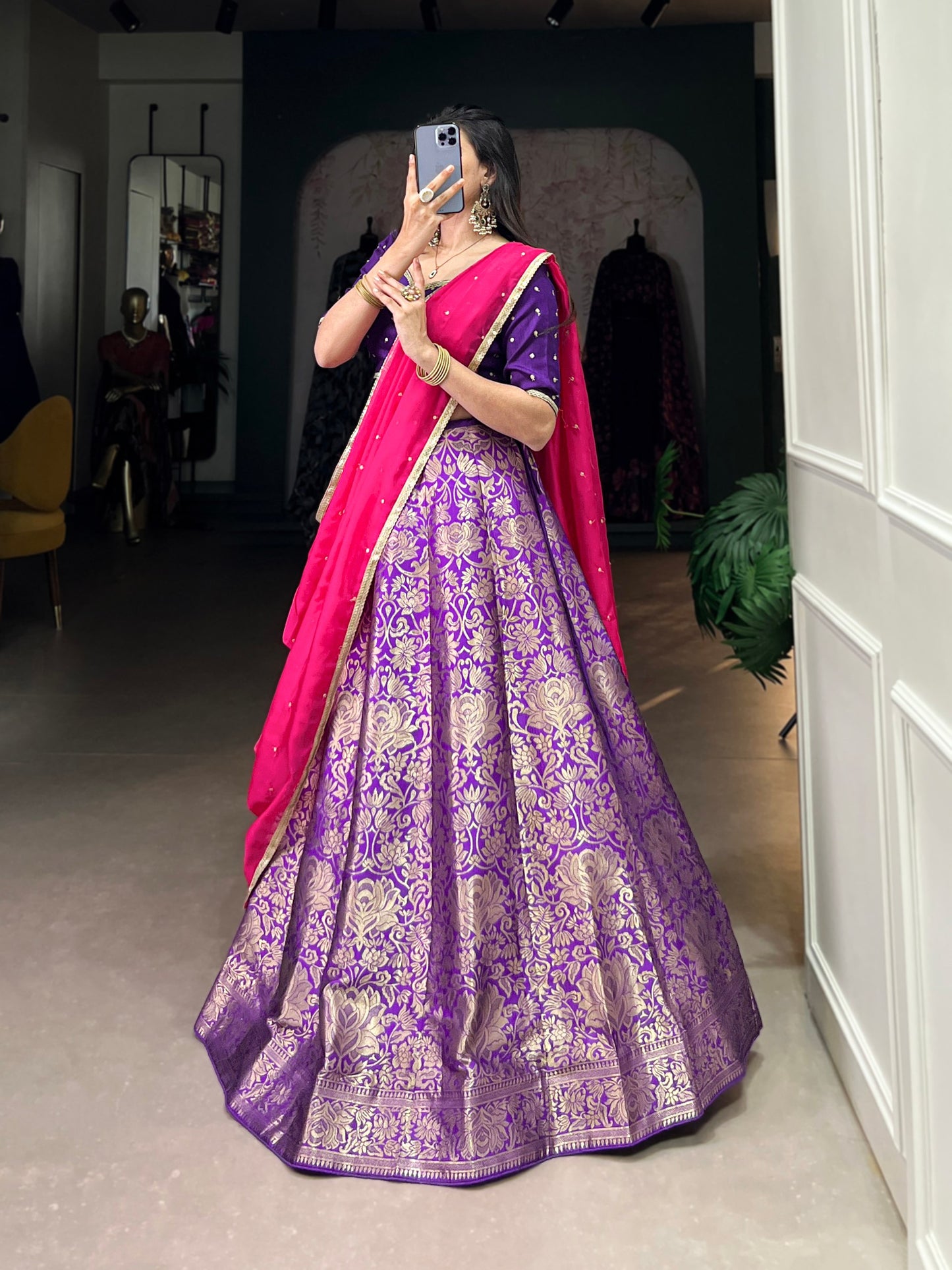 Jacquard Silk Zari Weaving Work South Indian Style Lehenga Set In Purple