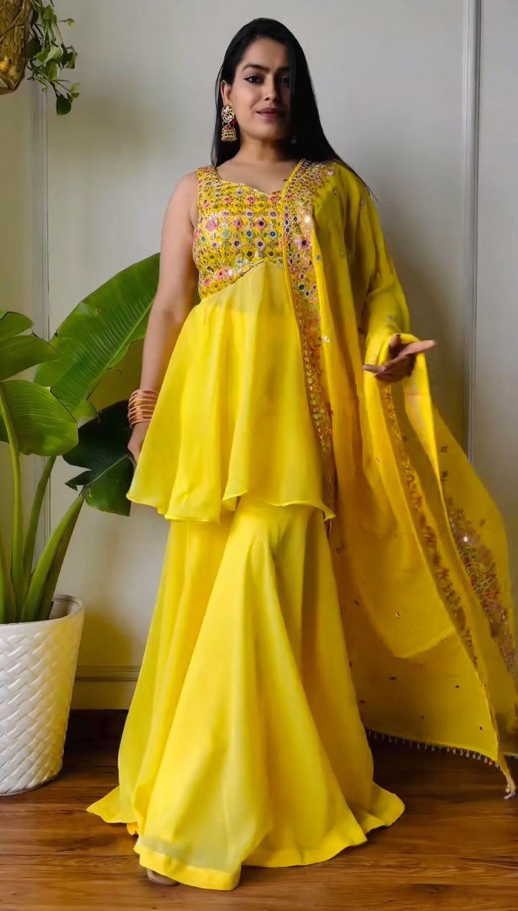 Designer Yellow Faux Georgette Plazo Set with 9mm Sequins Work – Festive & Partywear Outfit
