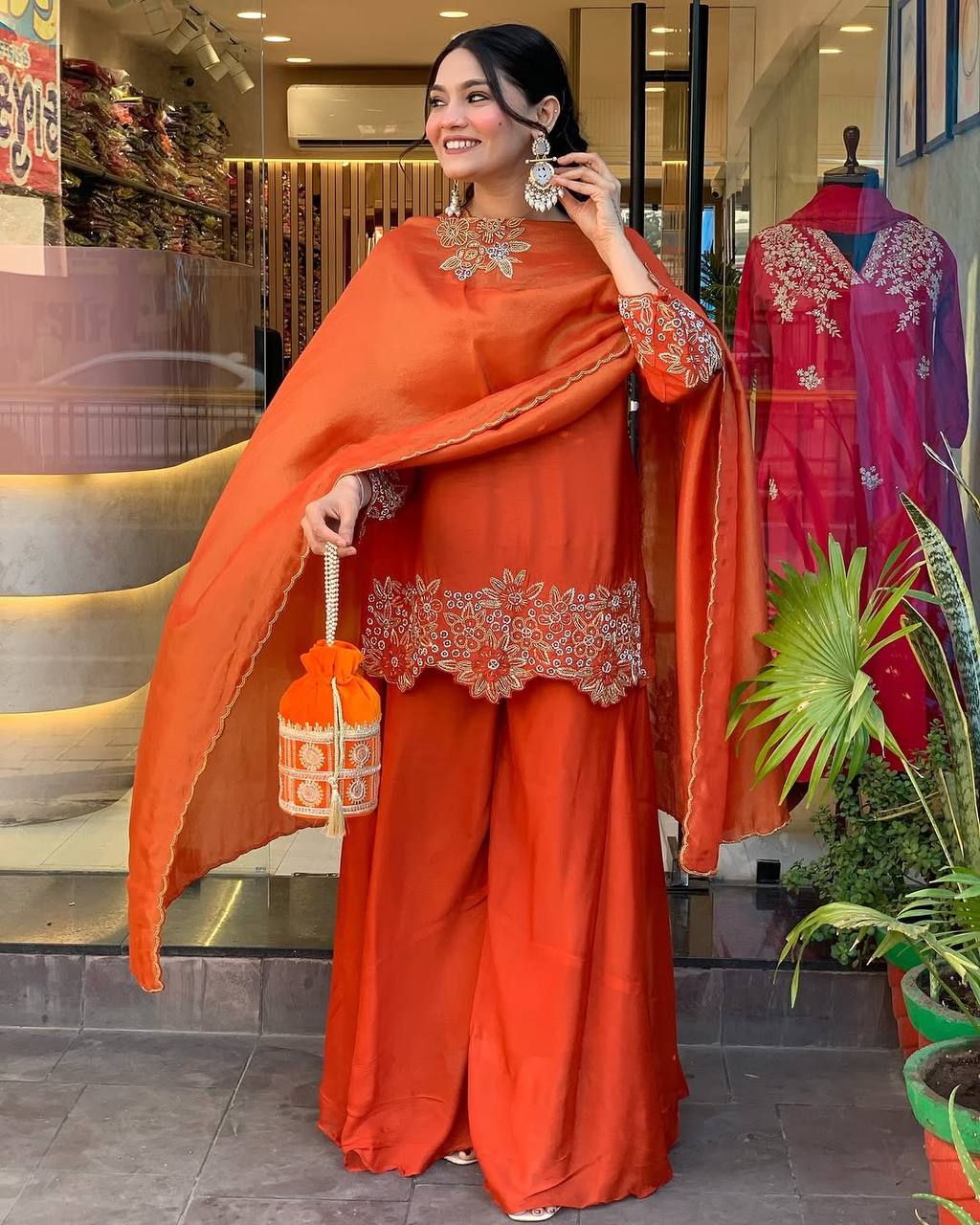 Elegant Orange Heavy Faux Georgette Embroidered Palazzo Suit – Fully Stitched