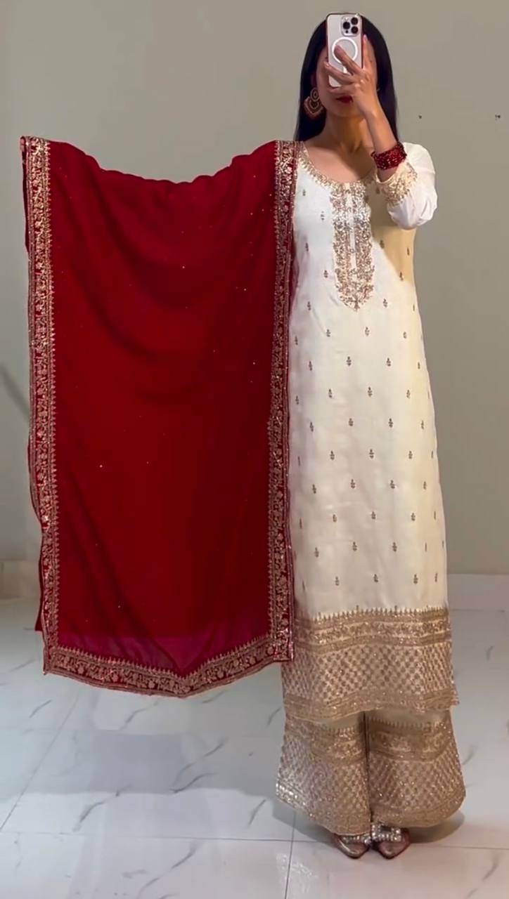 White Chinnon Silk Embroidered Top-Bottom And Dupatta Set Fully Stitched Ready To Wear