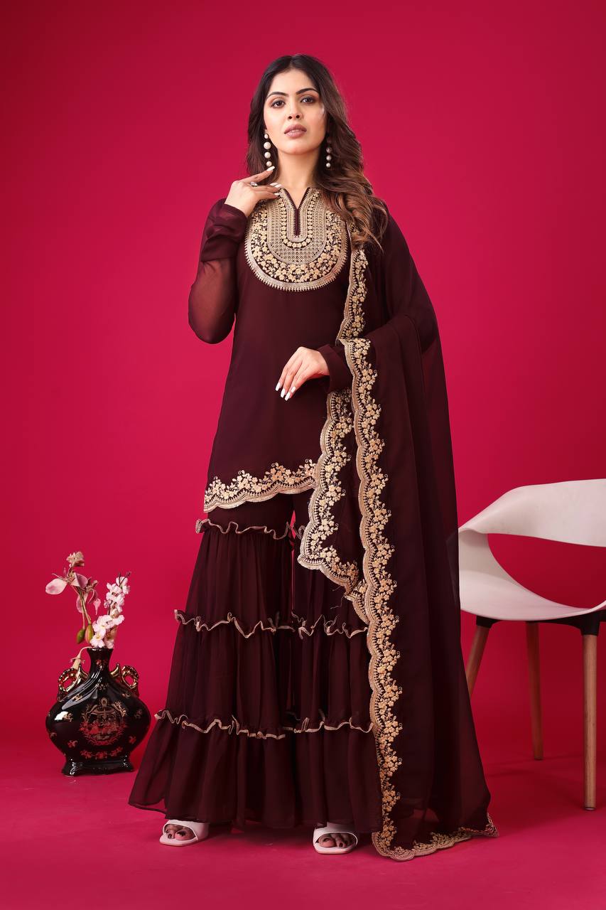 Rich Maroon Blooming Faux Georgette Embroidered Suit with Sequence & Thread Work – Fully Stitched