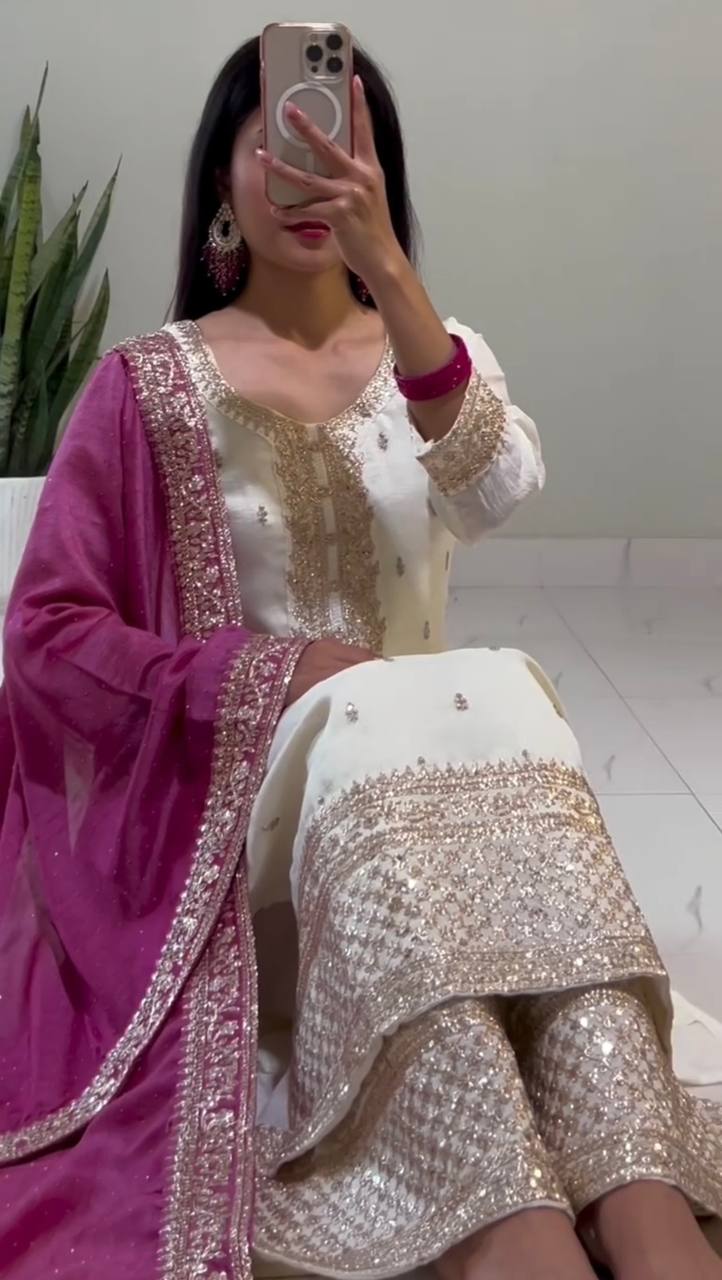 White-Rani Pink Chinnon Silk Embroidered Top-Bottom And Dupatta Set Fully Stitched Ready To Wear (Copy)