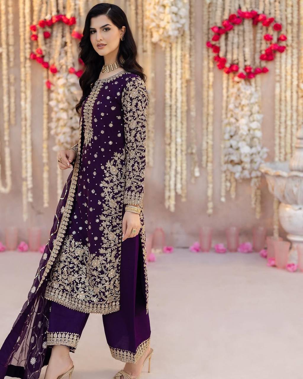 Wine Faux Georgette Embroidered Kurta Set with 5mm Sequence & Beads Work – Fully Stitched