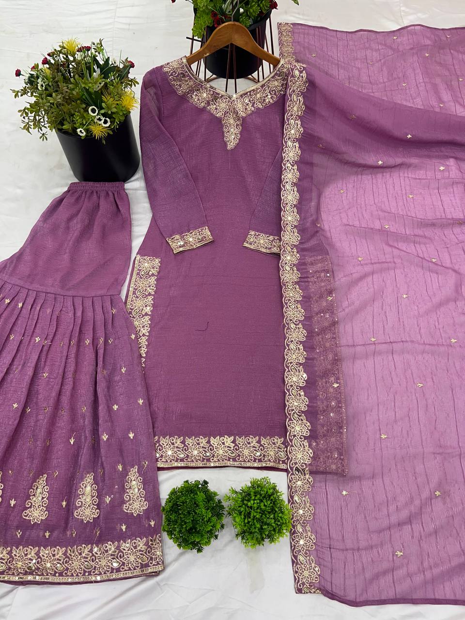 Elegant Lavender Heavy Crunchy Silk Sharara Suit with Embroidery Sequence Work | Fully Stitched Designer Ethnic Wear for Women