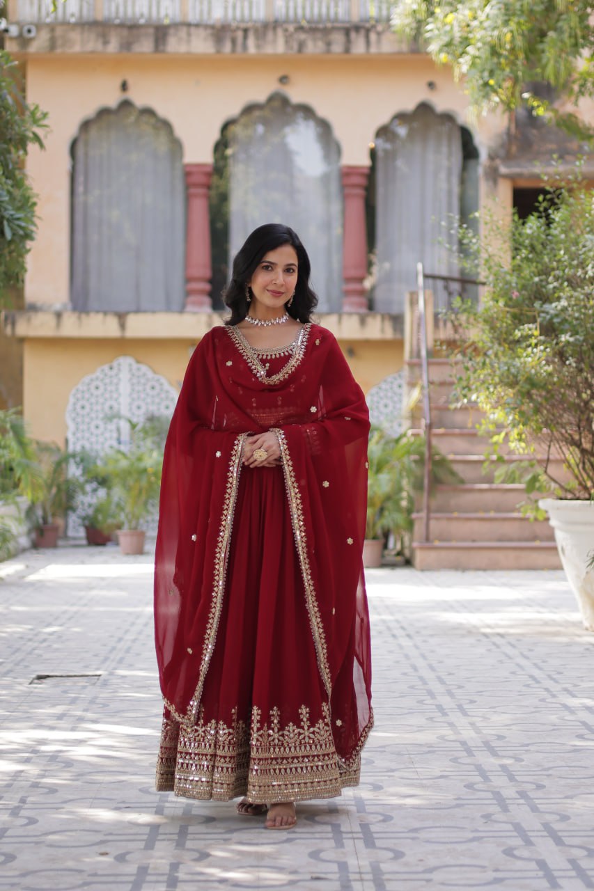 Red Faux Blooming Gown with Zari Sequins Embroidery & Dupatta | Fully Stitched Elegant Ethnic Wear for Weddings & Festive Occasions