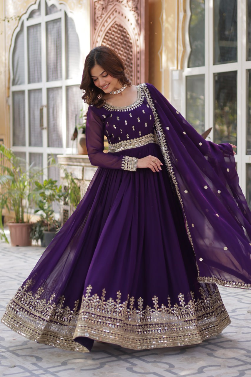Purple Faux Blooming Gown with Zari Sequins Embroidery & Dupatta | Fully Stitched Elegant Ethnic Wear for Weddings & Festive Occasions