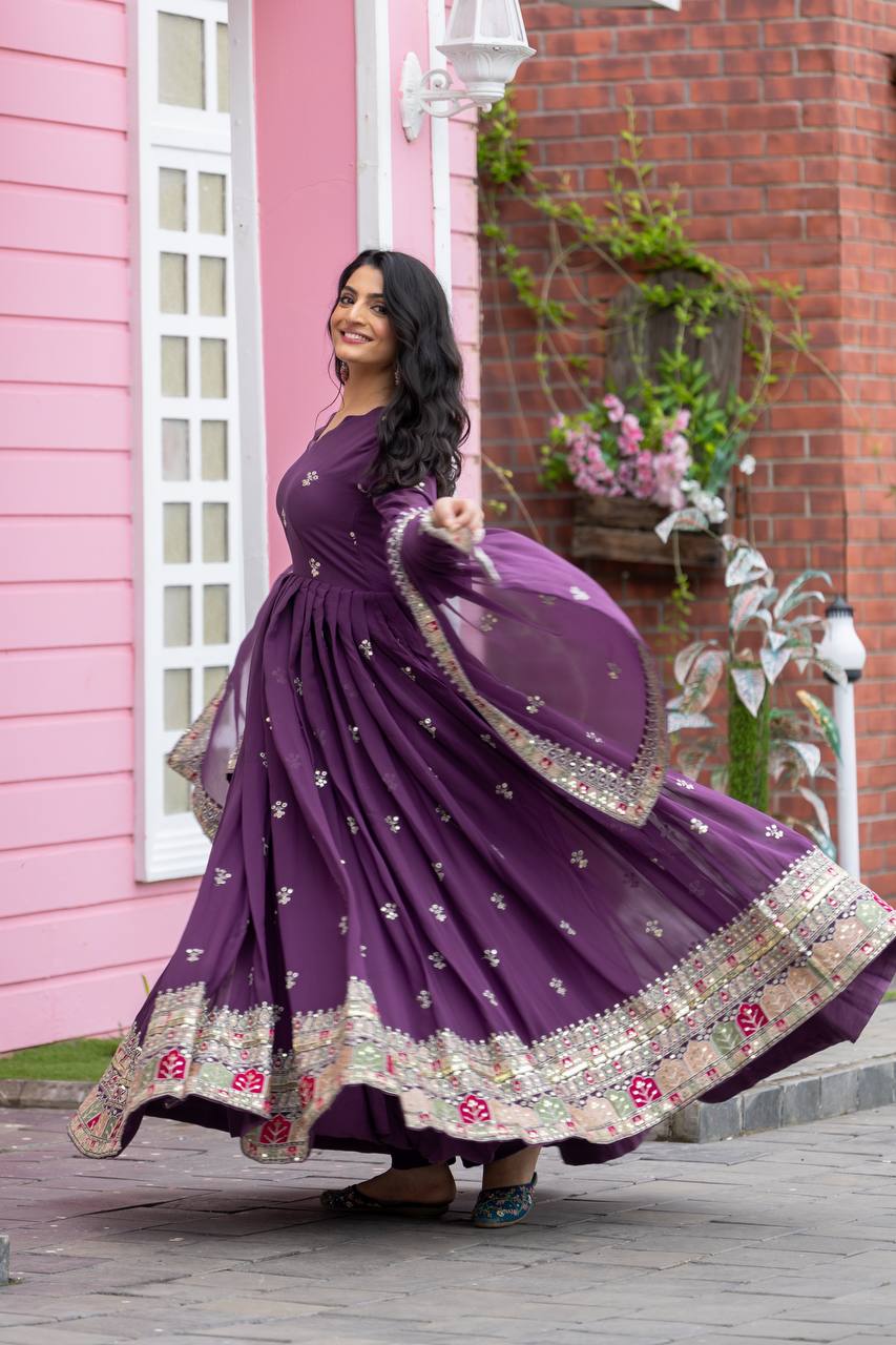 Light Purple Faux Georgette Embroidered Gown with Heavy Sequence Work and Dupatta | Fully Stitched Designer Ethnic Wear