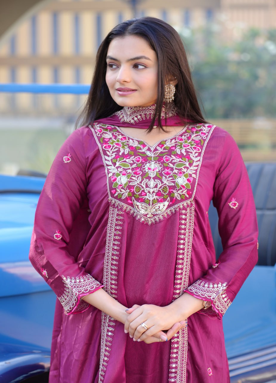Elegant Purple Chinon Embroidered Gown Set with Coding Sequence Work & Dupatta