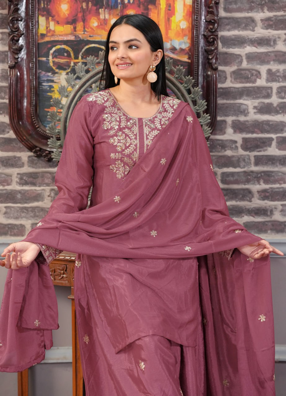 Mauve Chinon Sharara Suit with Embroidery Sequence Work | Fully Stitched Elegant Ethnic Wear