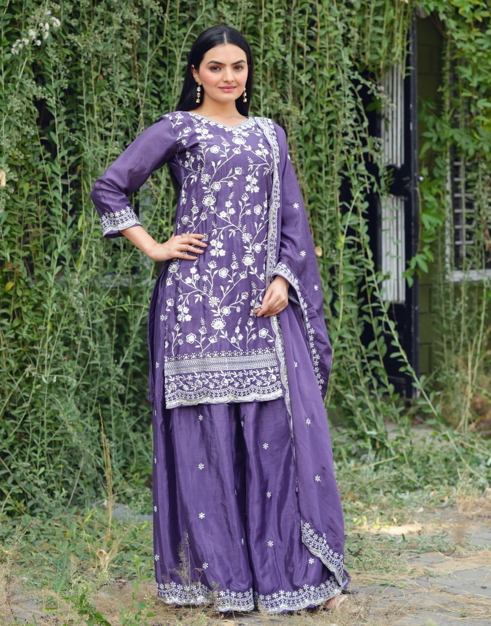 Purple Chinon Sharara Suit with Embroidery Sequence Work | Elegant Festive Wear