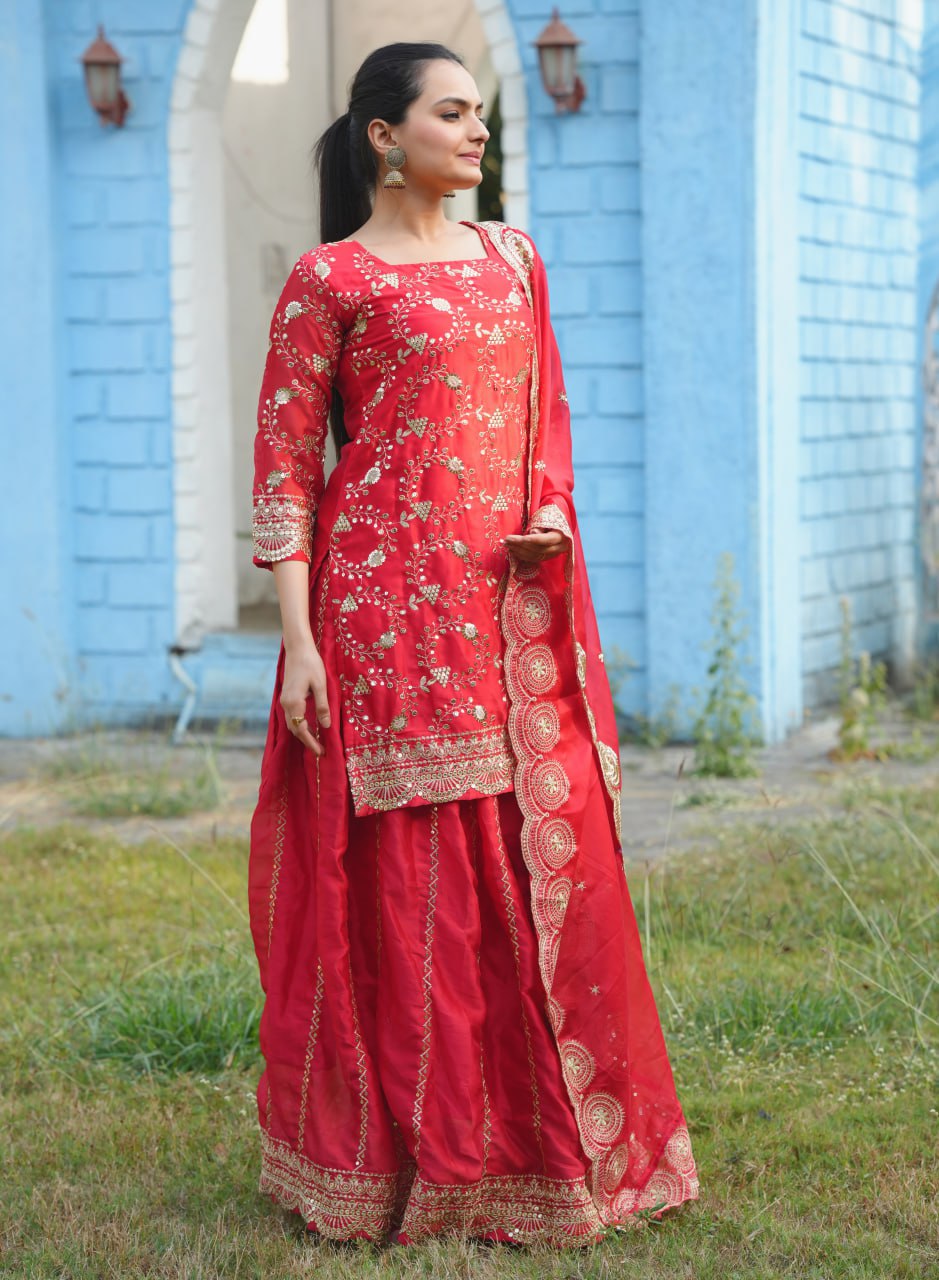 Red Rangoli Lehenga Suit with Embroidery Sequence Work | Elegant Festive Wear