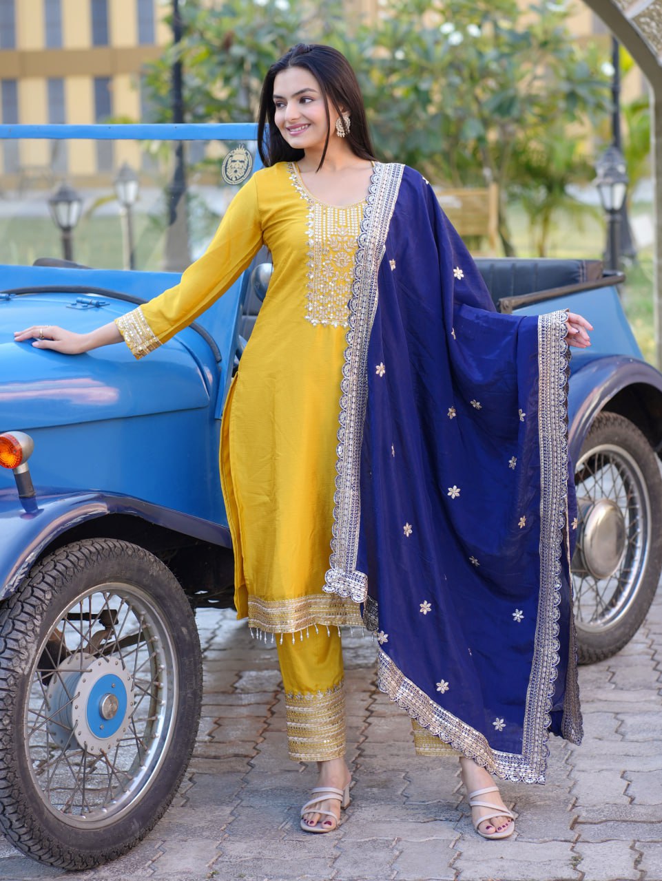 Mustard Yellow Chinon Suit with Heavy Embroidery & Navy Blue Dupatta | Elegant Festive Wear