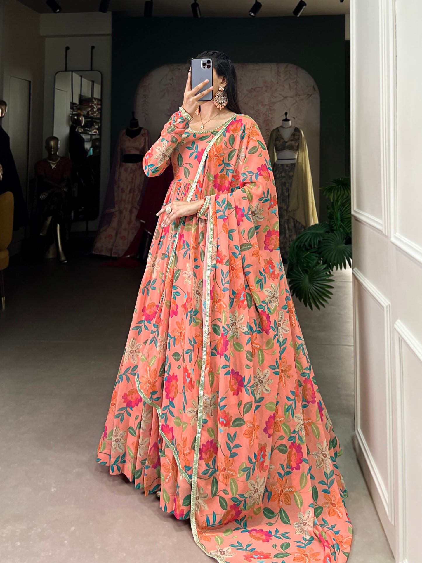 Peach Floral Print Georgette Gown Set | Elegant Festive & Party Wear